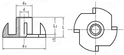DIN 1624 Four Claw T-Nut drawing